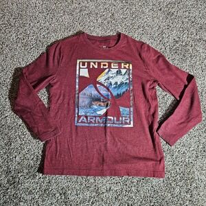 Under Armour Boys Small Long Sleeve Graphic T-Shirt Maroon Red Mountain Logo